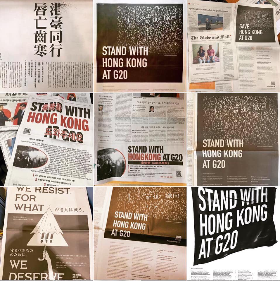 End of June, 2019, activists took out pages in foreign newspapers calling on readers to “Stand with Hong Kong at G20,” including publications in Taiwan, Korea, Japan, Canada, Germany, etc.